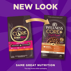 Wellness CORE+ Turkey and Chicken Recipe bag highlights grain-free formula for small breeds.