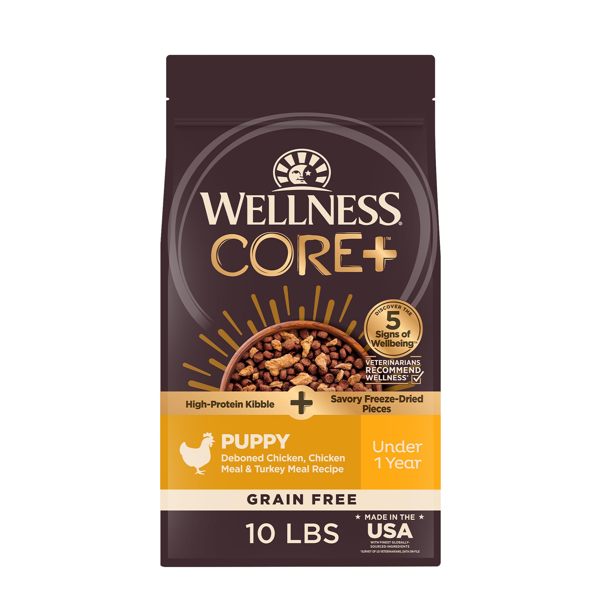 Wellness CORE+ puppy dry food in a bowl shows lean protein and texture for puppies