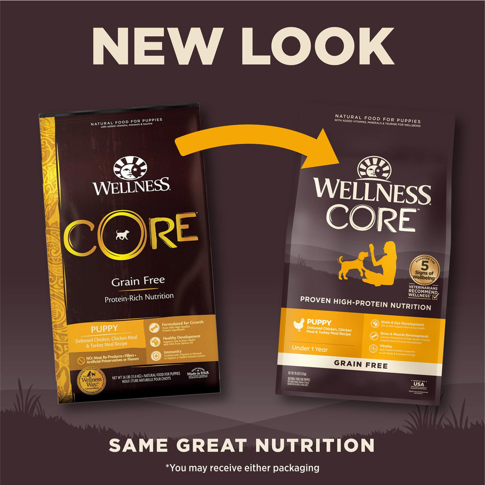 Wellness Core Puppy serving bowl—small kibble size ideal for puppies.