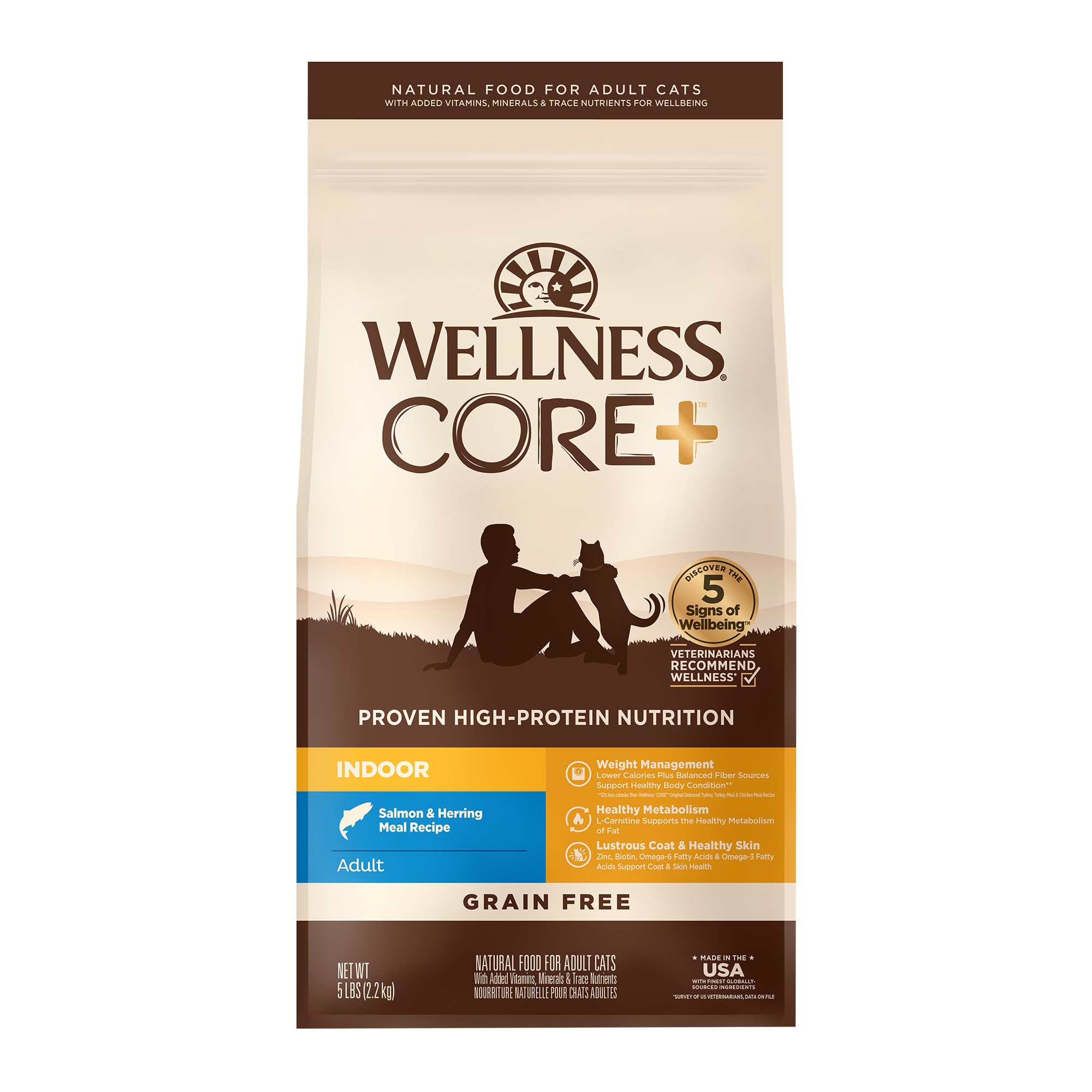 Wellness CORE+ salmon-herring dry cat food bag, protein-rich for indoor cats.