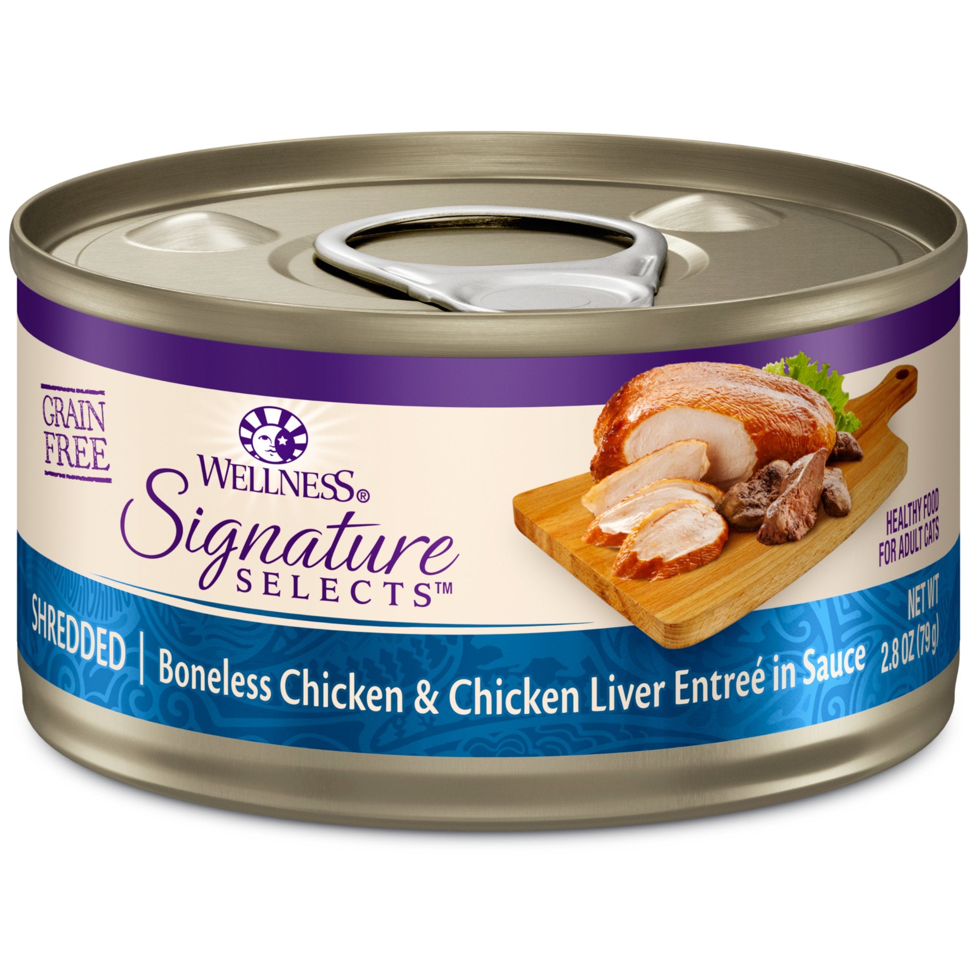 Wellness CORE shredded chicken and chicken liver in sauce, protein-rich cat entree.