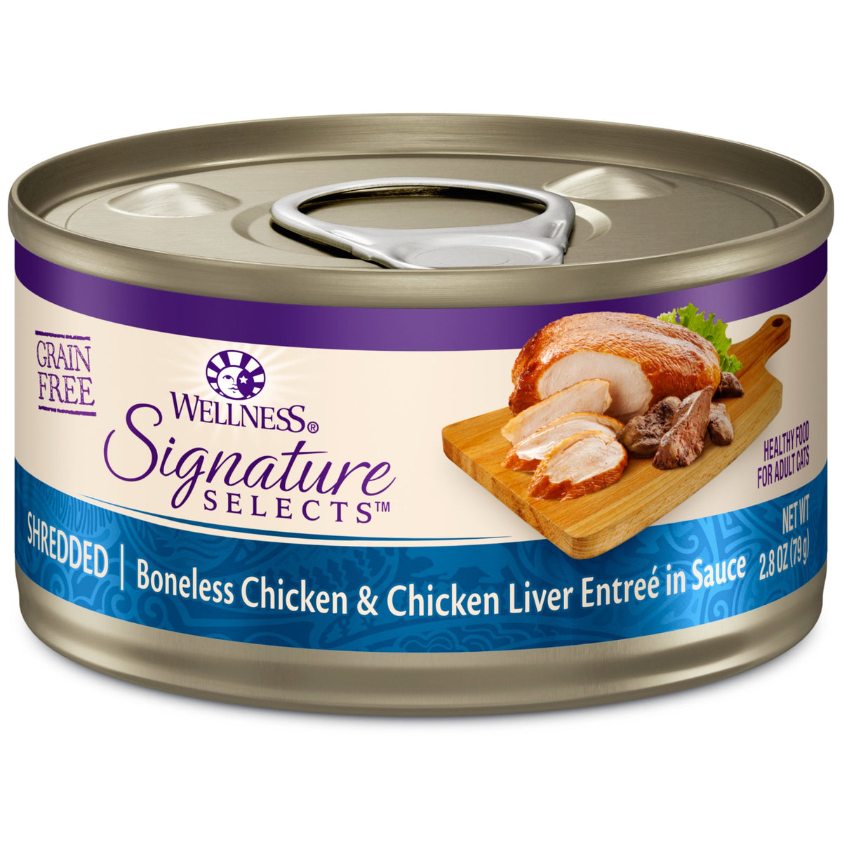 Wellness CORE shredded chicken and chicken liver in sauce, protein-rich cat entree.