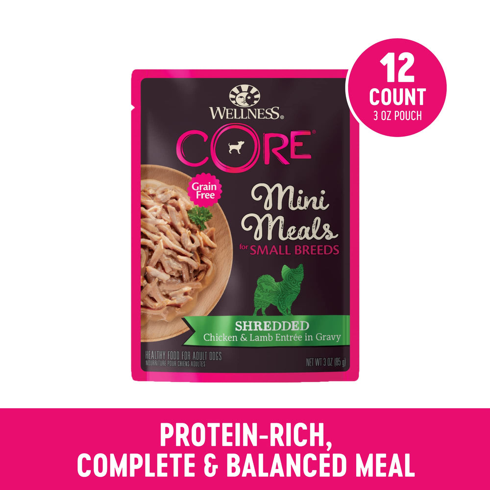 Wellness CORE shredded chicken and lamb in gravy in serving dish