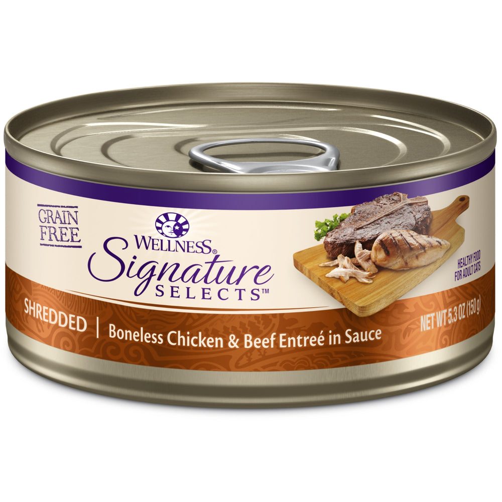 Wellness CORE Signature Selects chicken-beef entree cans; high-protein, grain-free cat food.