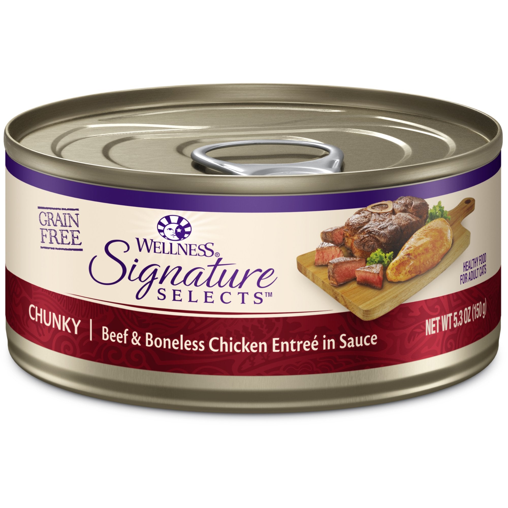 Wellness CORE Signature Selects chunky-beef-chicken in sauce supports daily hydration for cats.