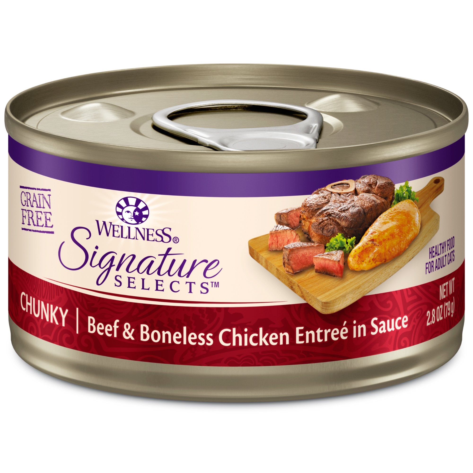 Wellness CORE Signature Selects chunky beef and chicken entrée can, protein-rich.