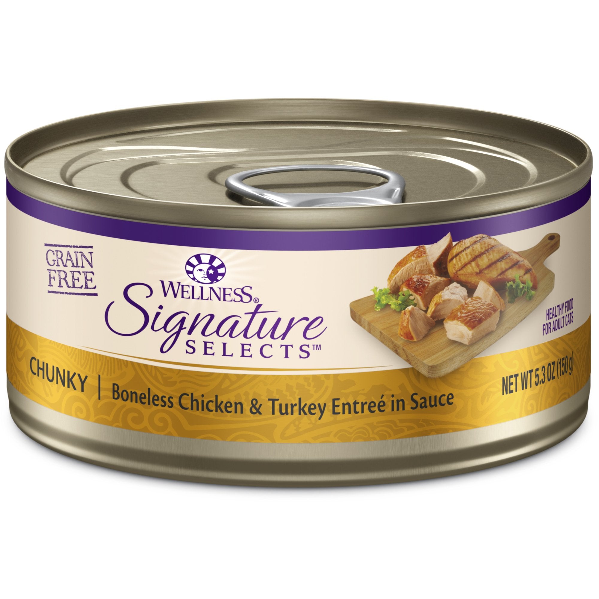 Wellness CORE Signature Selects chunky chicken and turkey cat food close-up showing dense protein texture