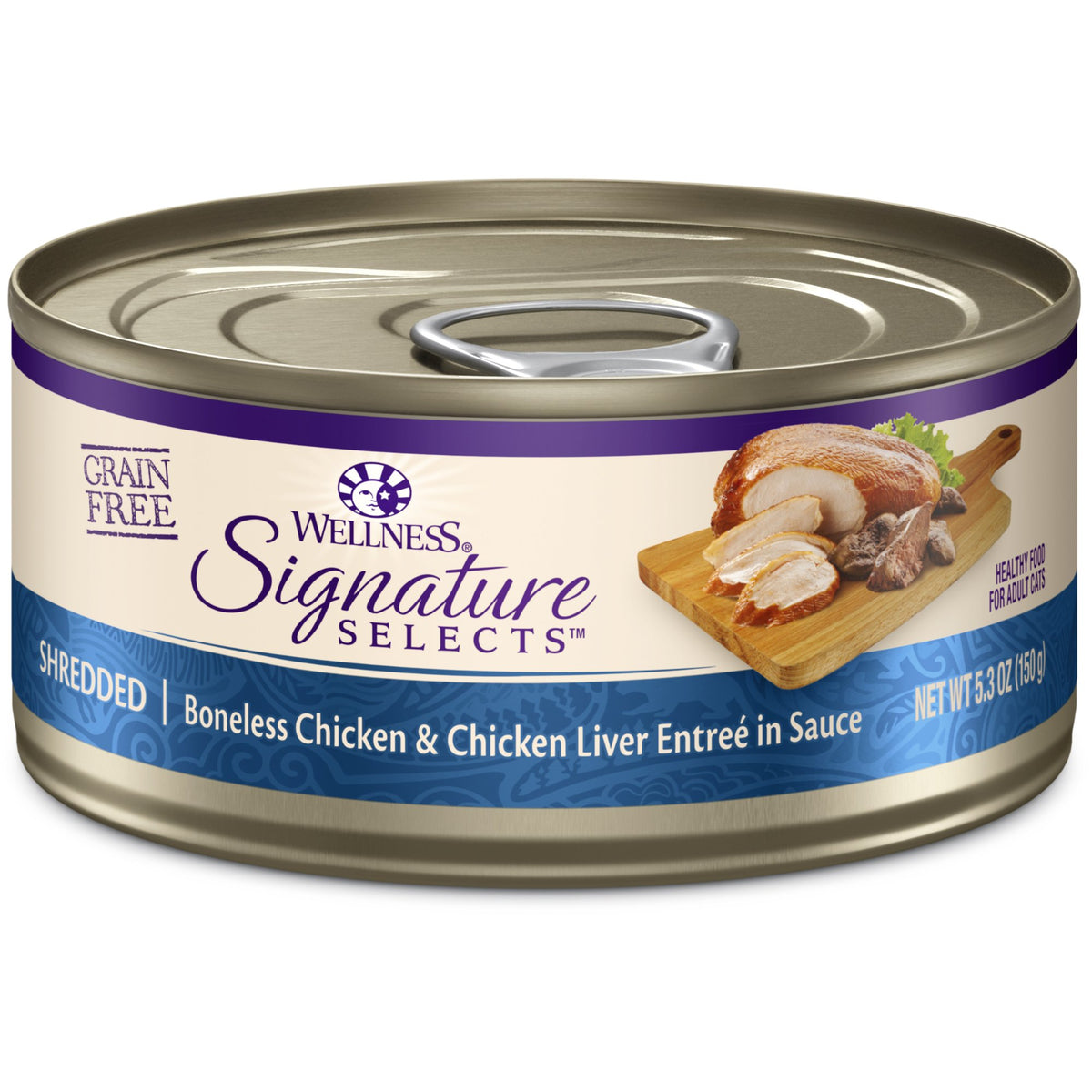 Wellness CORE shredded-chicken-cans shown on shelf, highlighting high-protein meal option for cats