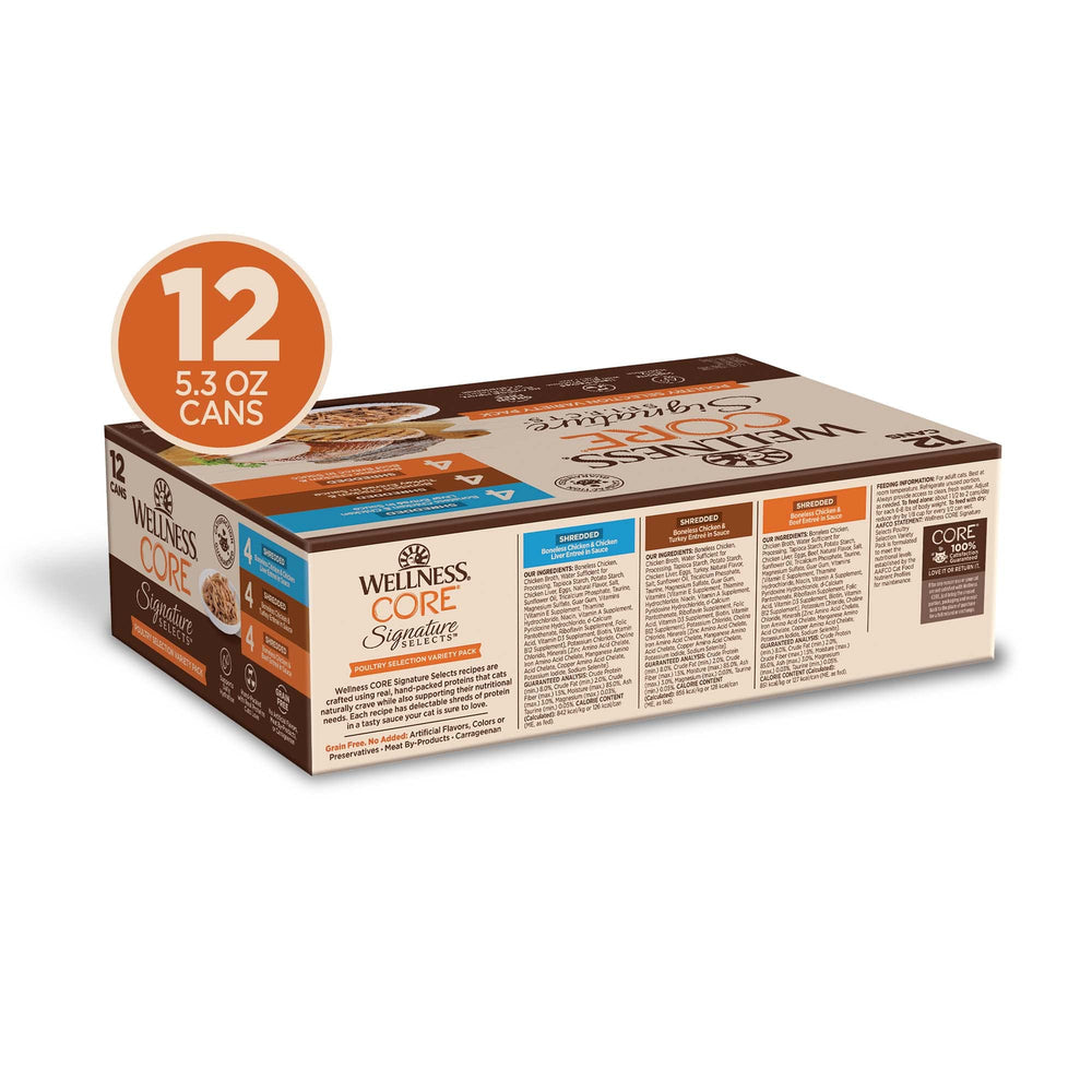 Wellness CORE Signature Selects shredded poultry in sauce image highlights real meat textures for palatability