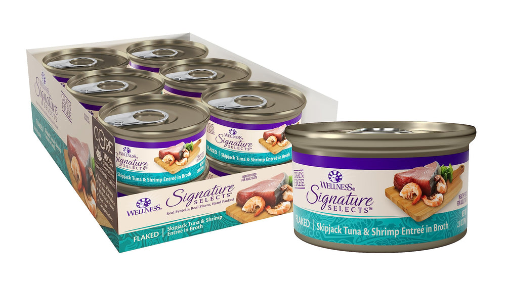 Wellness CORE Signature Selects tuna-shrimp-entree cans showing protein-dense wet food