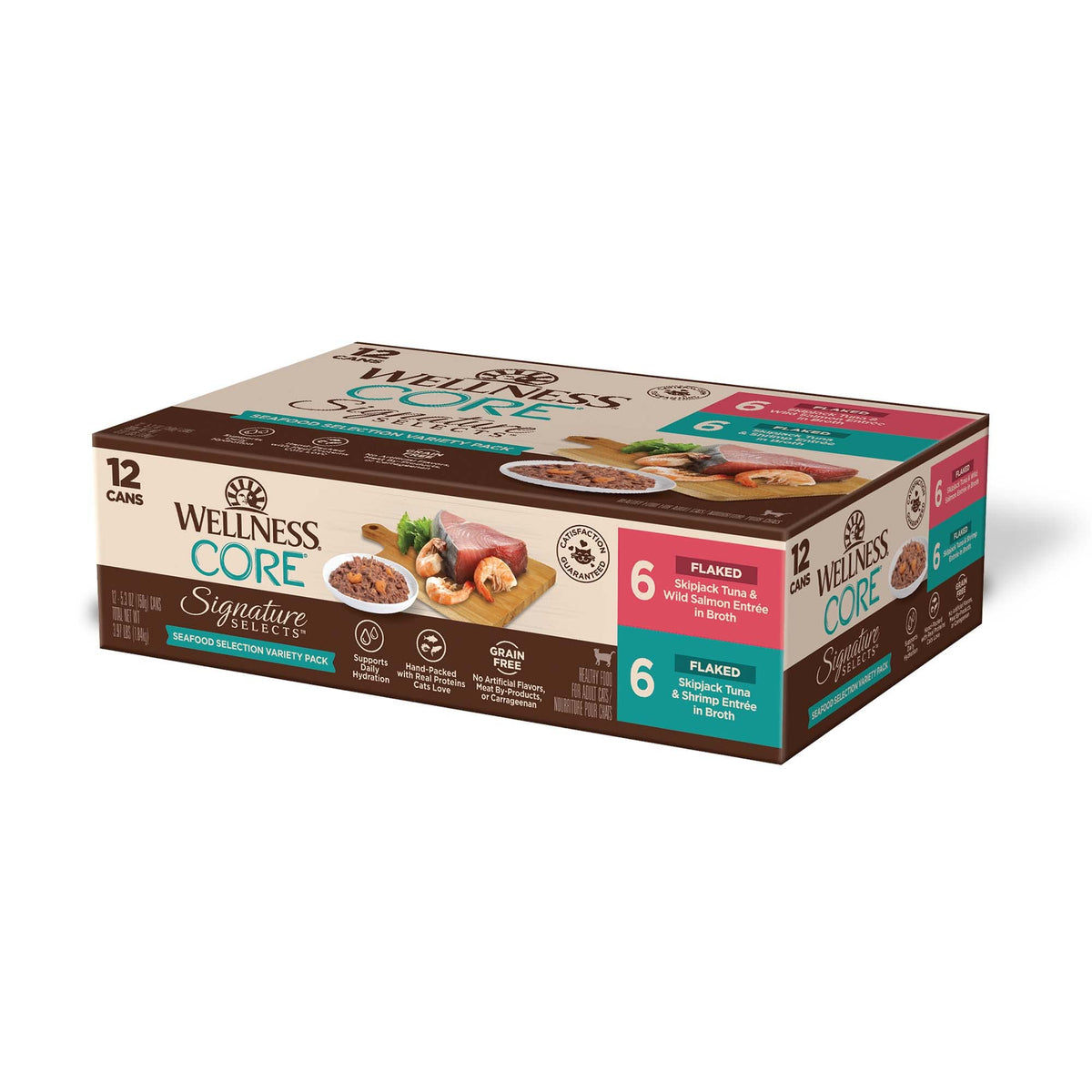 Wellness CORE Signature Selects cat cans close-up showing real meat shreds for daily protein.