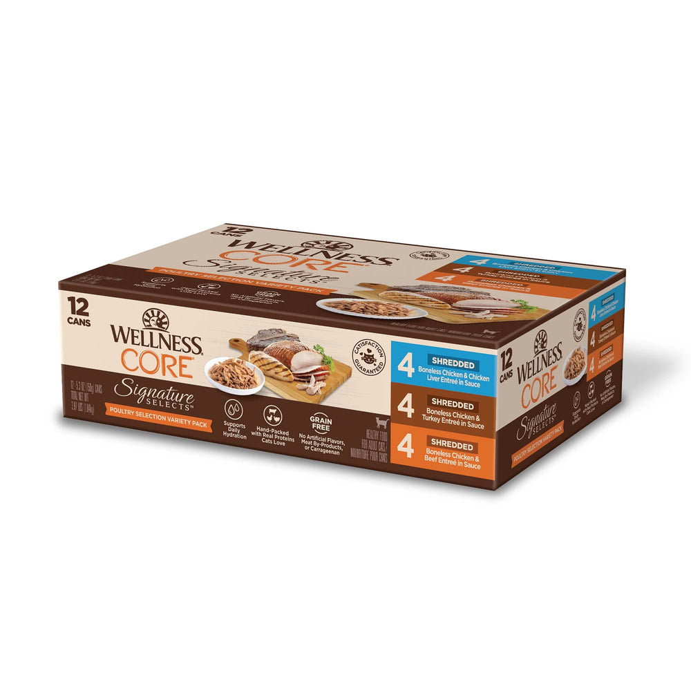 Wellness CORE Signature Selects variety pack cans shown, offering convenient, protein-rich meals for adult cats