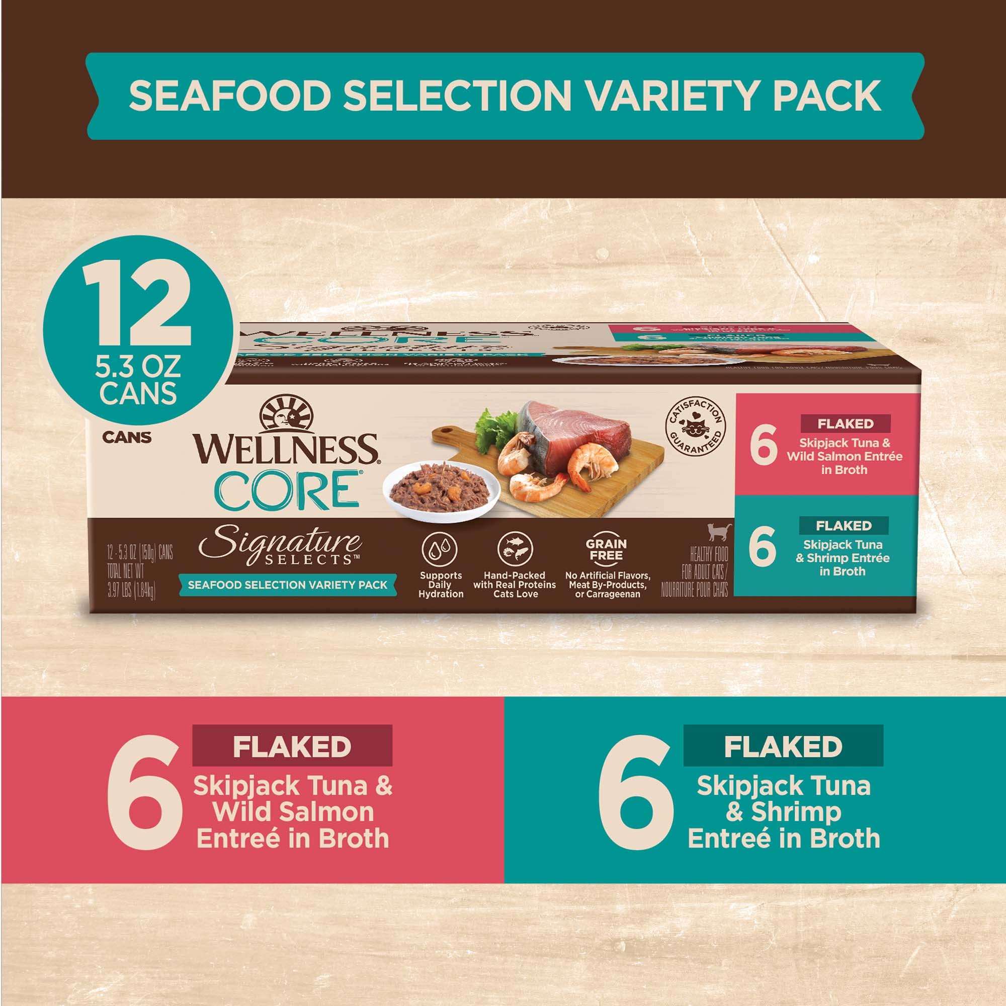 Wellness CORE Signature Selects real meat shreds highlight protein-rich meal option for cats.