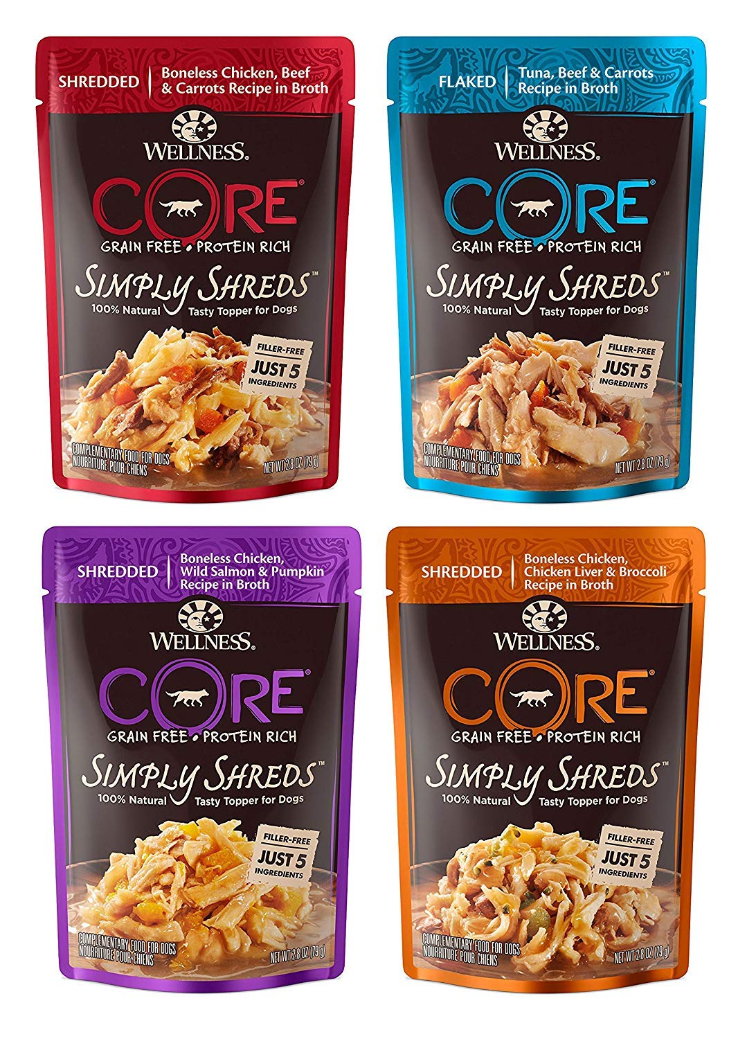 Wellness Core Simply Shreds variety pack pouches offer quick, protein-rich meal toppers.