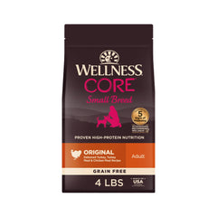 Wellness Core small breed packaging featuring grain-free turkey and chicken formula for adult dogs