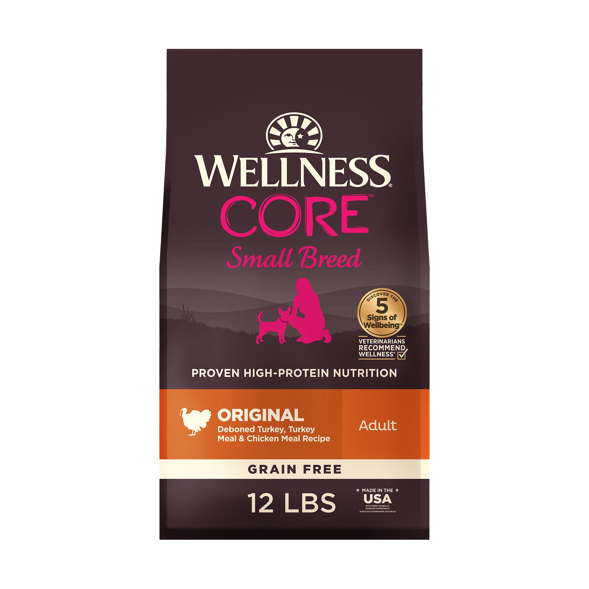 Wellness CORE small-breed dry dog food bag with turkey and chicken for lean muscle.