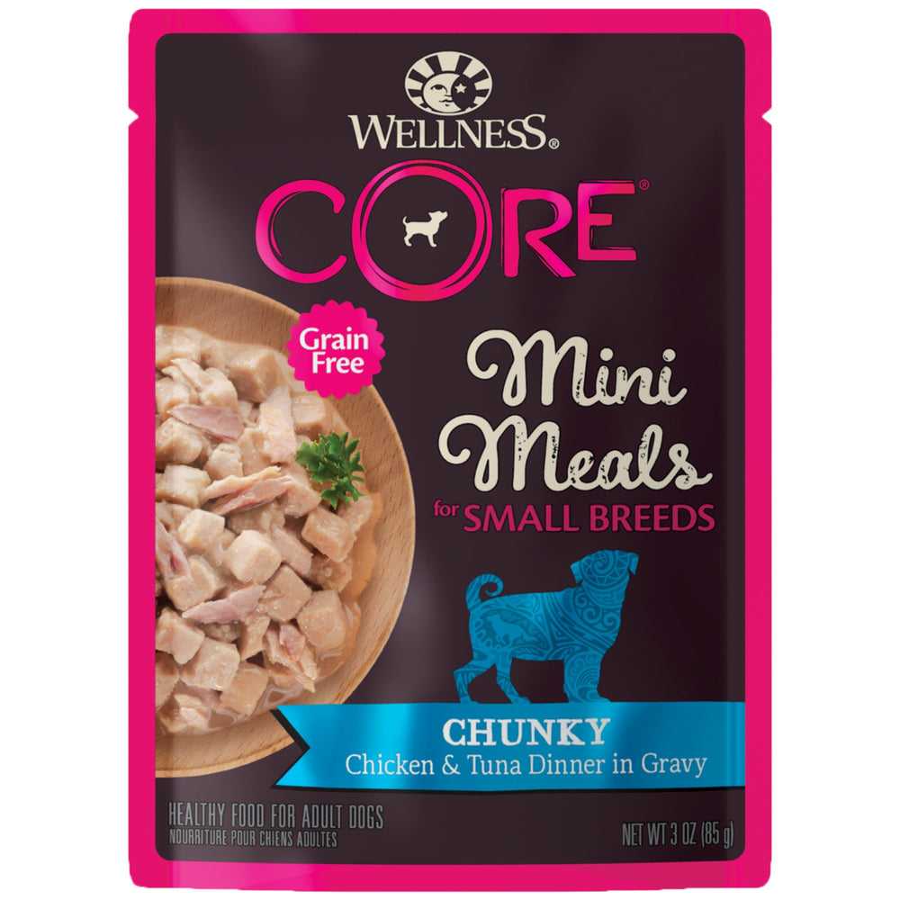 Wellness CORE small-breed mini meals in gravy pouch with chicken and tuna chunks.