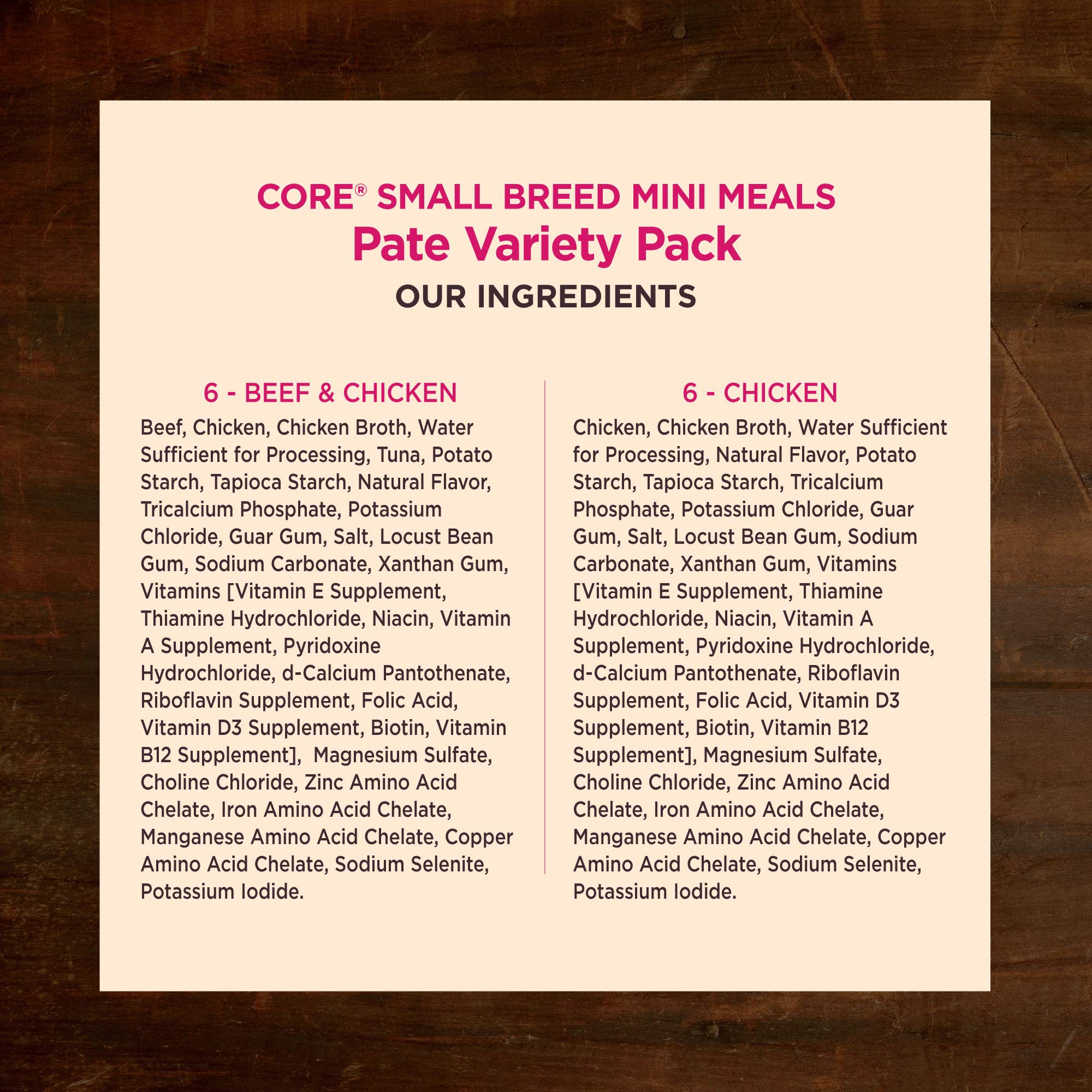 Wellness CORE grain-free formula image shows no corn, wheat, or soy.