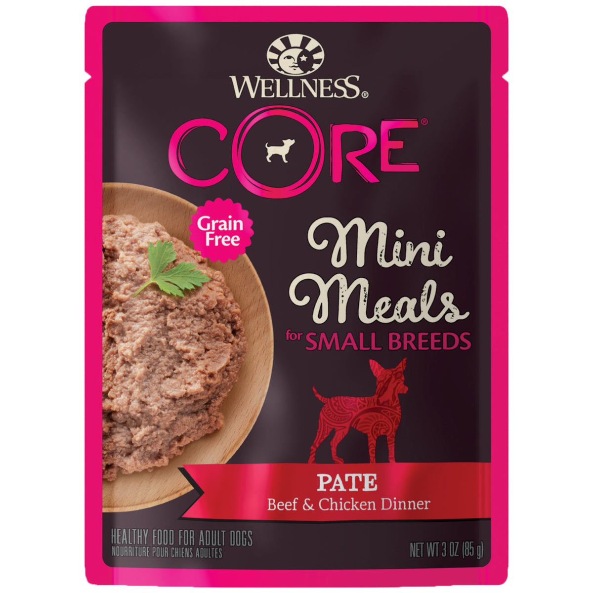 Wellness CORE small breed mini meals pate pouch showing convenient, mess-free feeding
