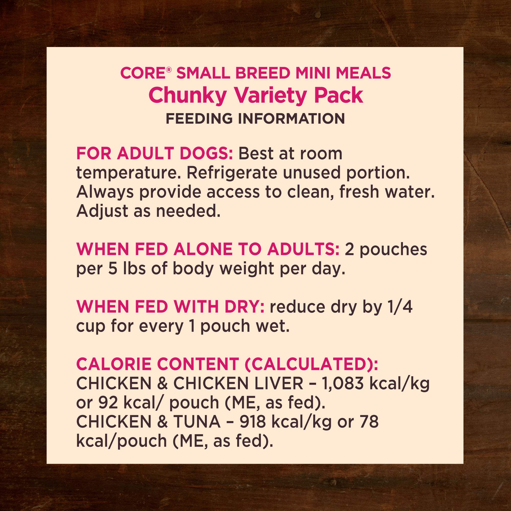 Wellness Core small breed mini meals variety pack label showing flavors