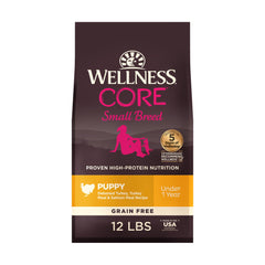 Wellness CORE small-breed puppy bag front, grain-free protein for healthy growth