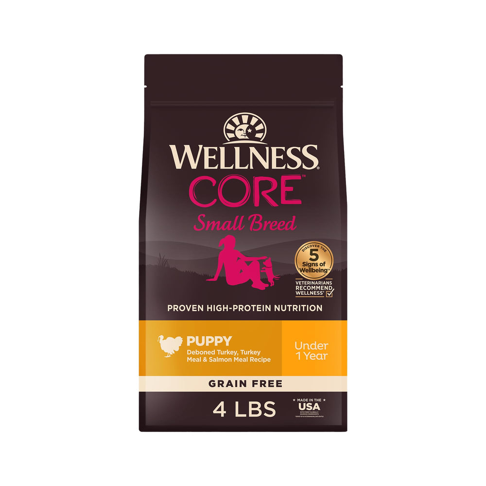 Wellness CORE small-breed puppy food bag front label; grain-free option for digestive comfort.