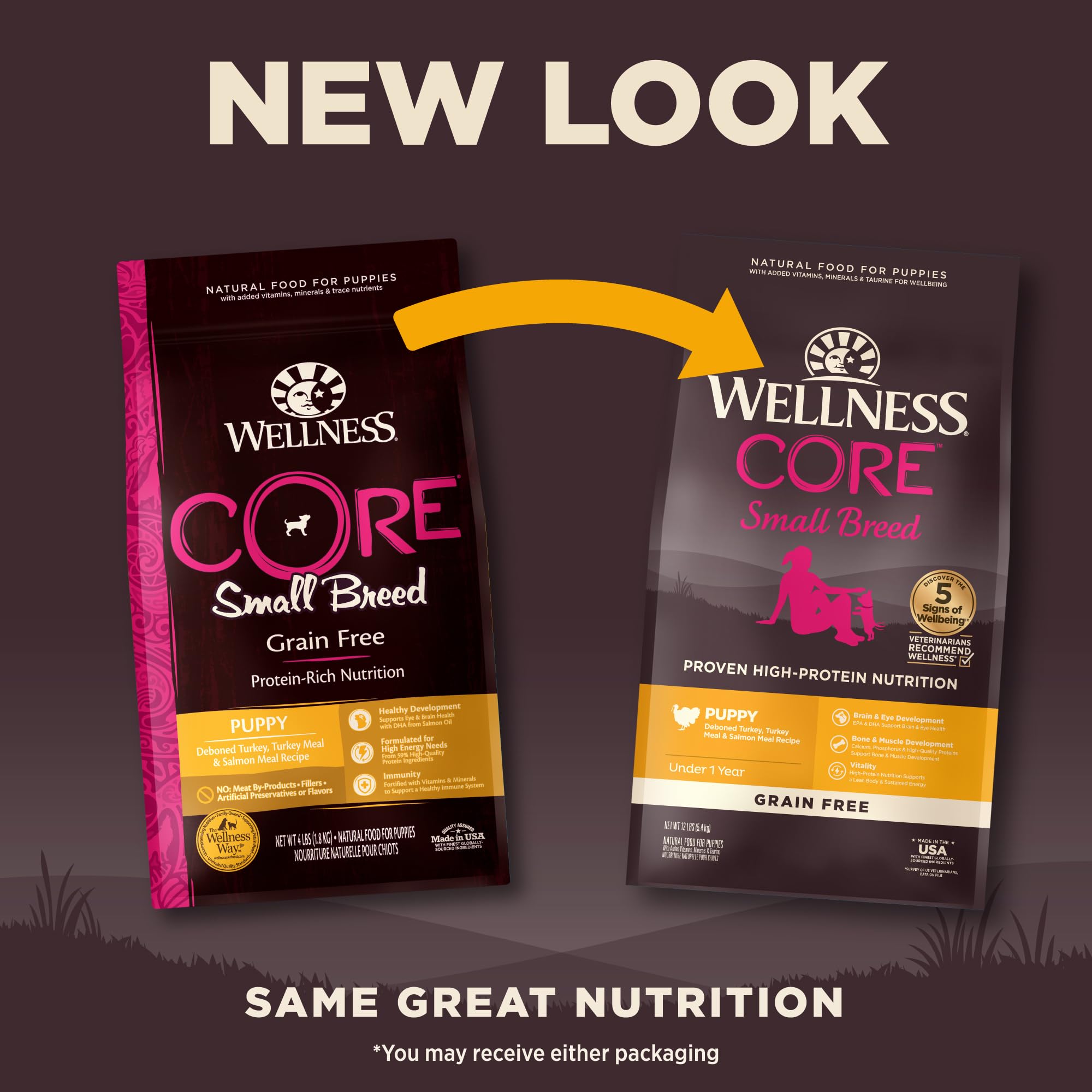 Wellness CORE small-breed puppy kibble closeup, high-protein bites for lean muscle