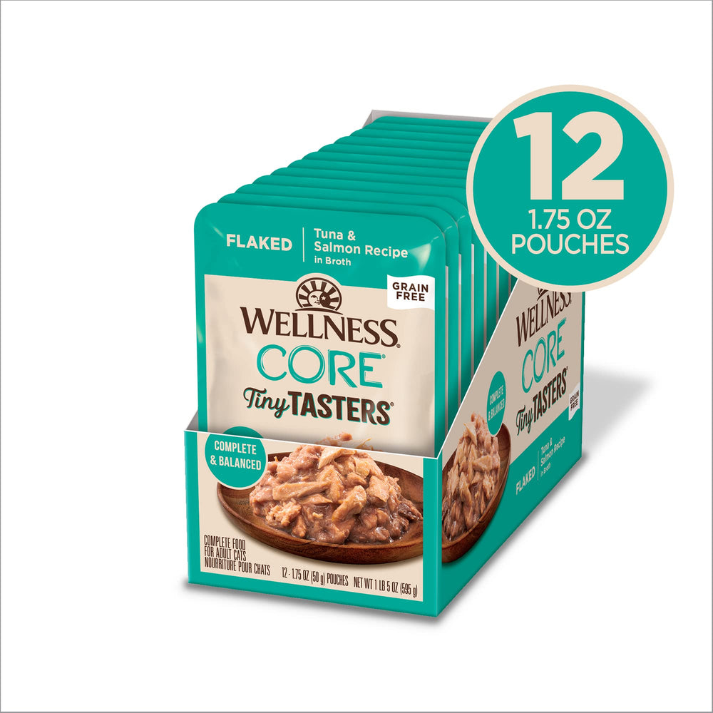 Wellness CORE Tiny Tasters flaked tuna-salmon close-up showing protein-rich texture.