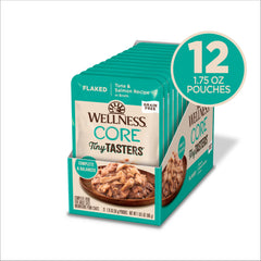 Wellness CORE Tiny Tasters flaked tuna-salmon close-up showing protein-rich texture.