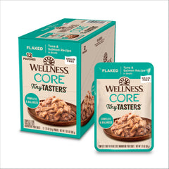 Wellness CORE Tiny Tasters pouch with tuna and salmon flakes for easy feeding and hydration.