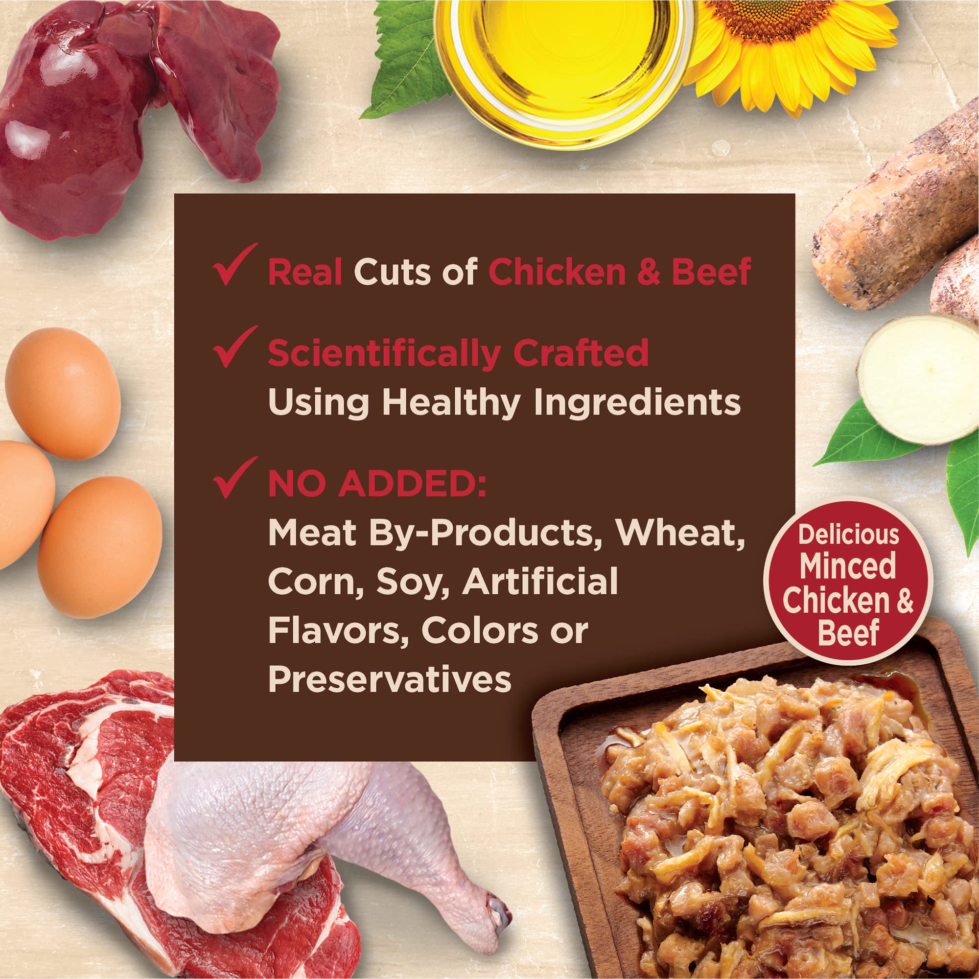 Wellness CORE Tiny Tasters minced chicken-beef ingredients close-up highlighting protein sources.