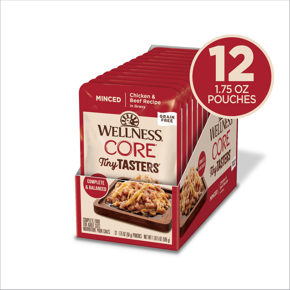 Wellness CORE Tiny Tasters chicken-beef pouch open, ready for quick, mess-free meals.
