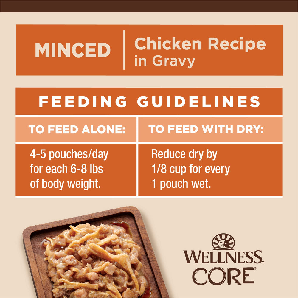Wellness CORE Tiny Tasters open pouch ready to serve demonstrates quick mealtime convenience