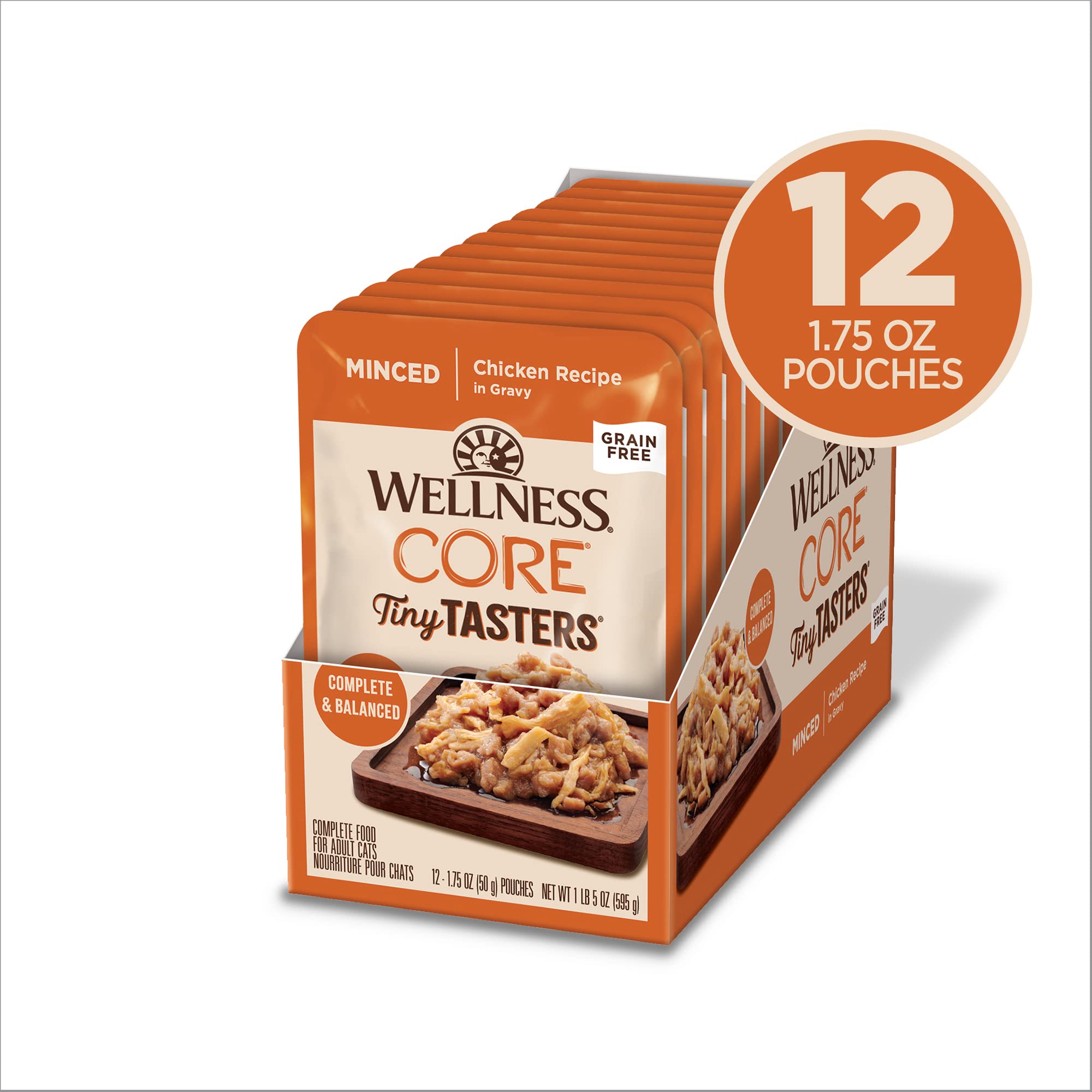 Wellness CORE Tiny Tasters packaging shows convenient single-serve pouches for easy meals