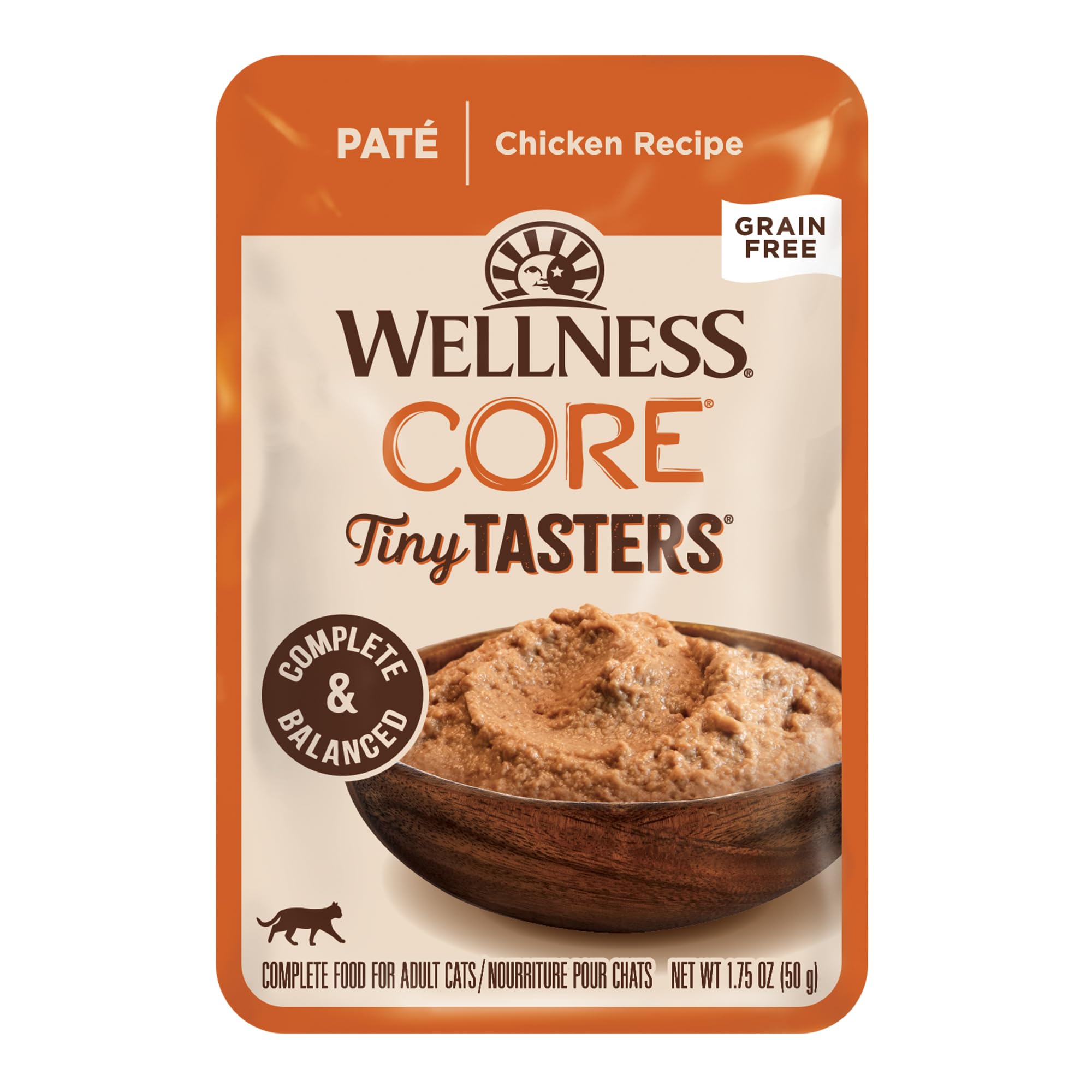 Wellness CORE Tiny Tasters chicken pate pouch, convenient single-serve meals for cats.