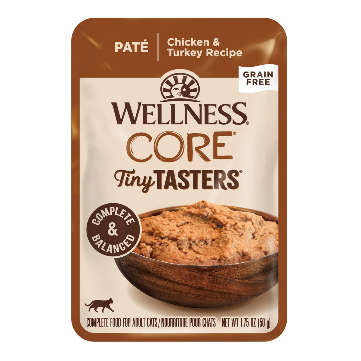Wellness CORE Tiny Tasters Pate pack shot highlights grain-free formula for cats.