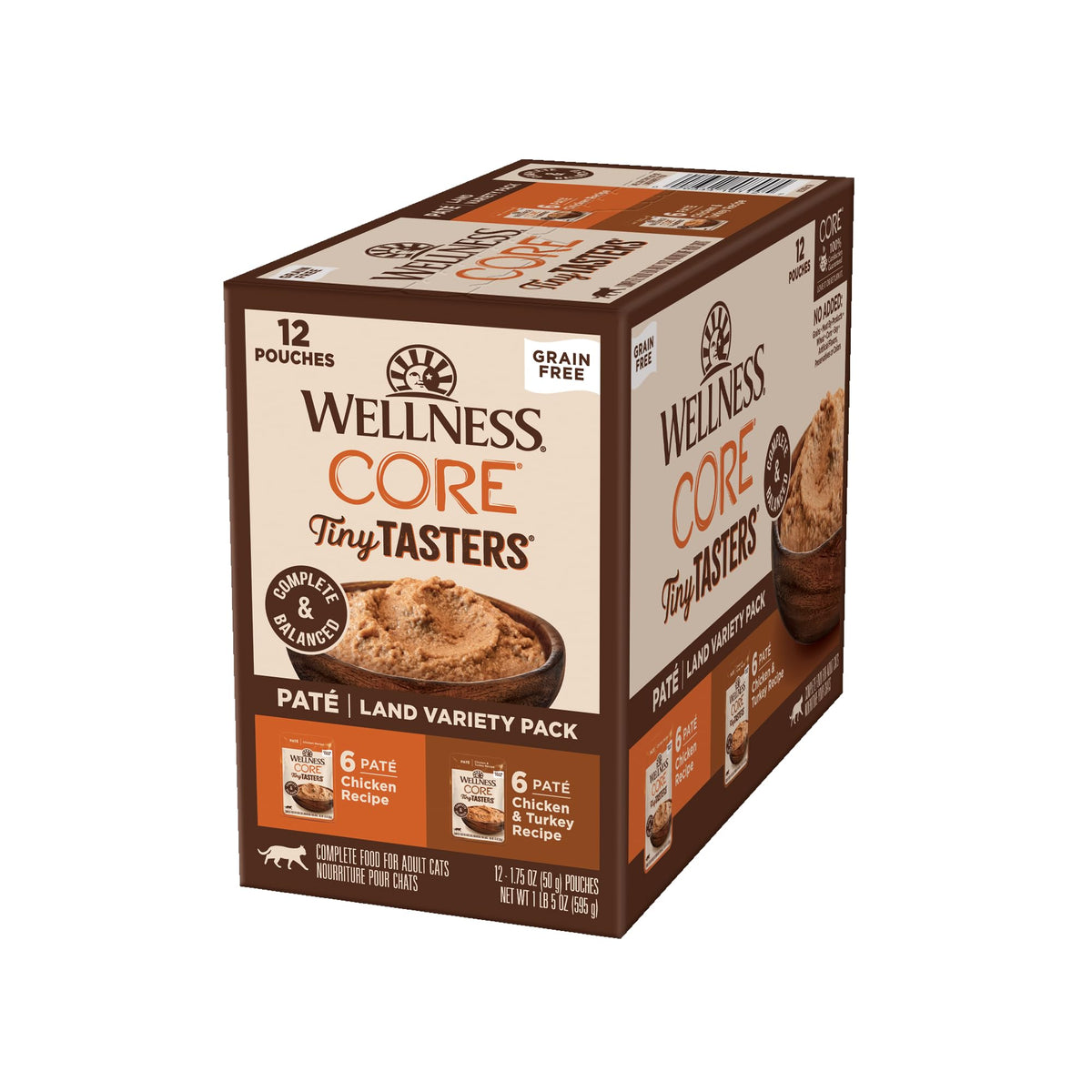 Wellness CORE Tiny Tasters Variety Pack front shows grain-free, protein-rich meals for adult cats.