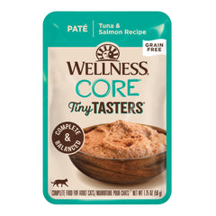Wellness CORE Tiny Tasters tuna-salmon pate 1.75oz pack showcases protein-rich meals for cats