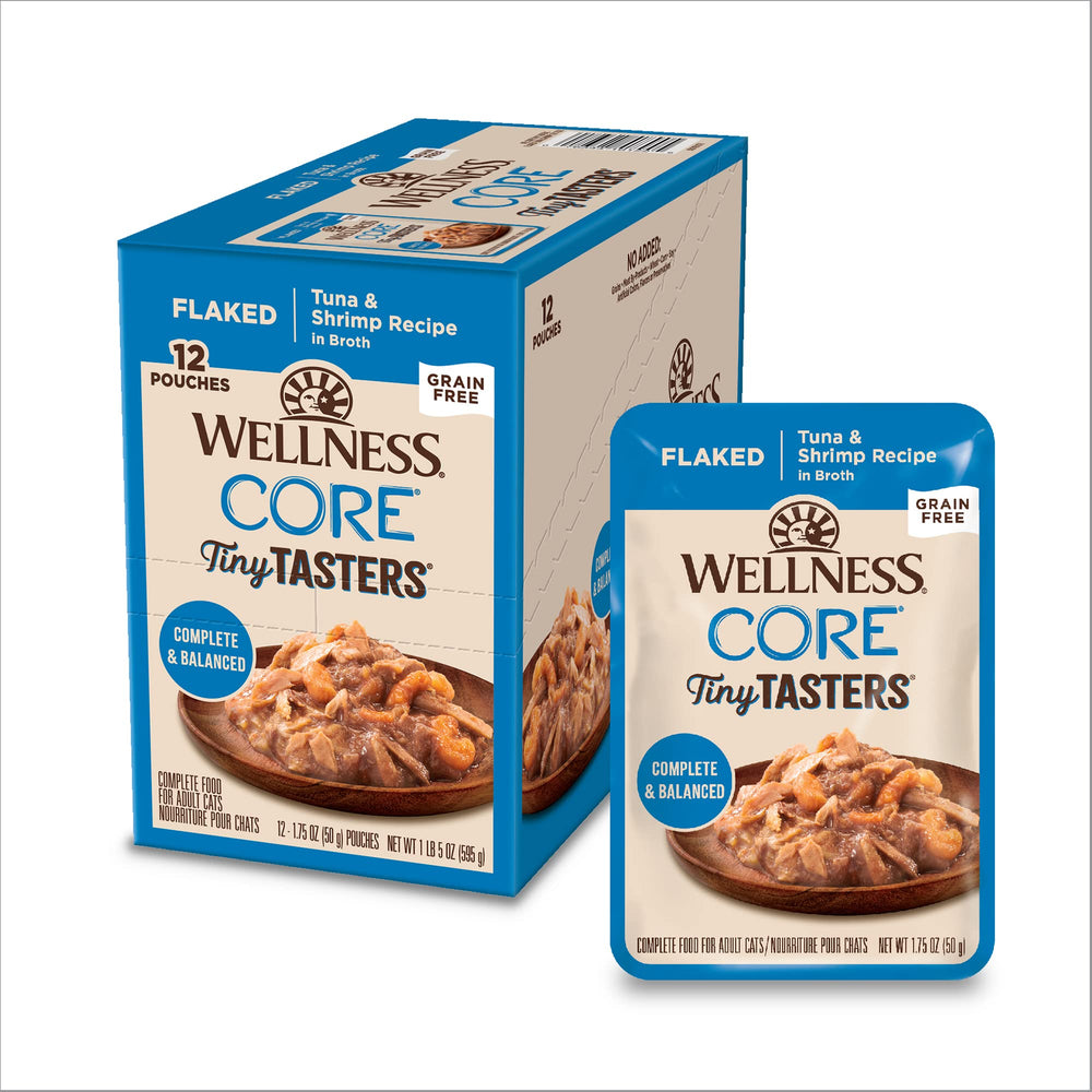 Wellness CORE Tiny Tasters tuna-shrimp-flaked-bowl shows grain-free, protein-rich meal in a serving bowl