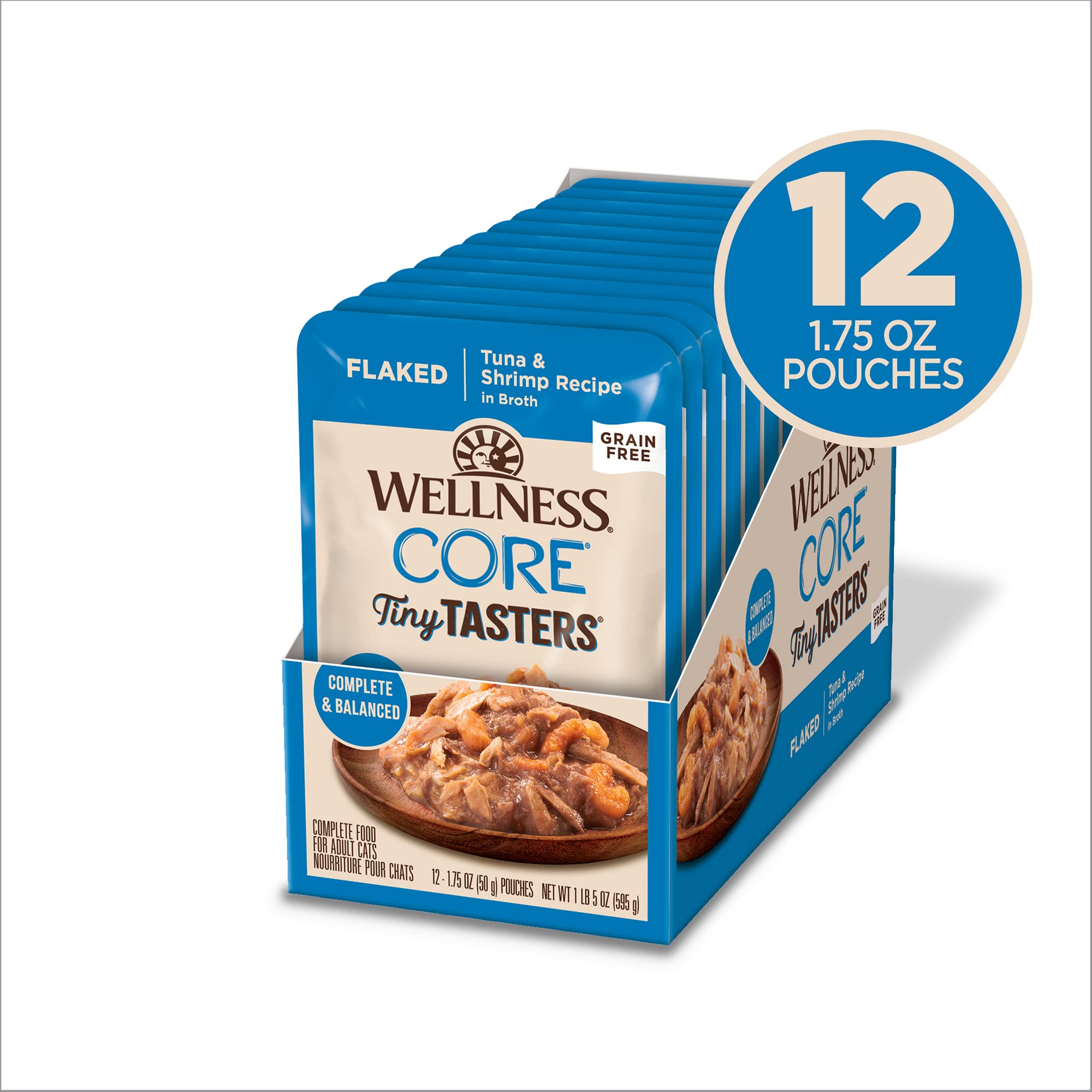 Wellness CORE Tiny Tasters tuna-shrimp-pouch-closeup highlights convenient single serve portions for easy mealtime