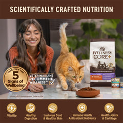 Wellness CORE USA-made dry cat food packaging on a kitchen counter.