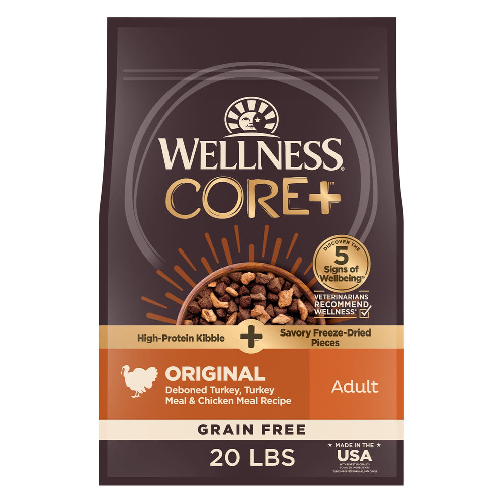 Wellness CORE+ adult dry dog food bowl with grain-free formula for active dogs.
