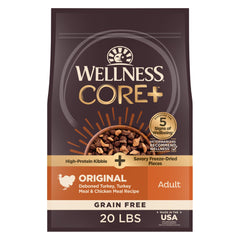 Wellness CORE+ adult dry dog food bowl with grain-free formula for active dogs.