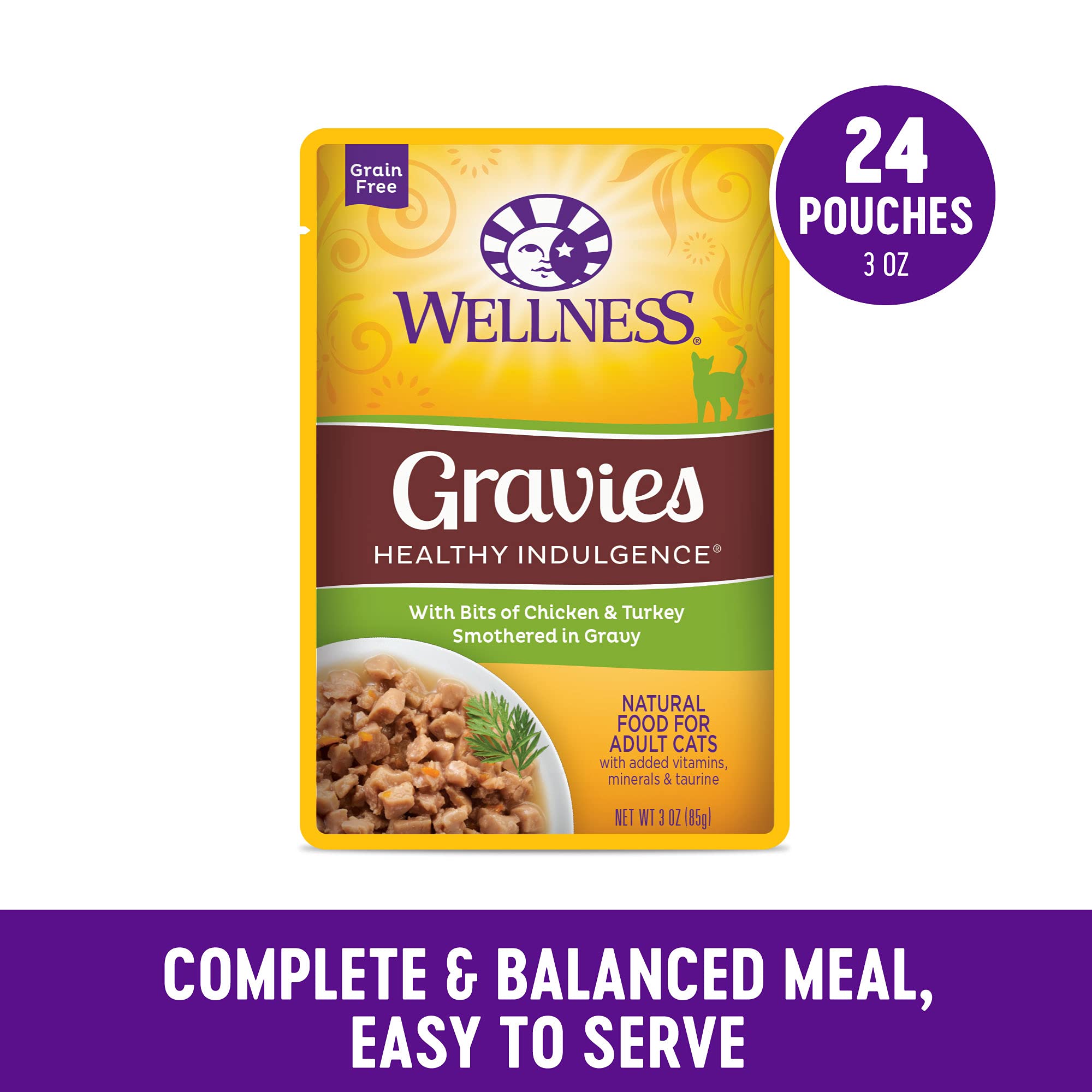 Wellness grain-free wet cat food bowl shows gravy-coated bites for hydration-friendly dining
