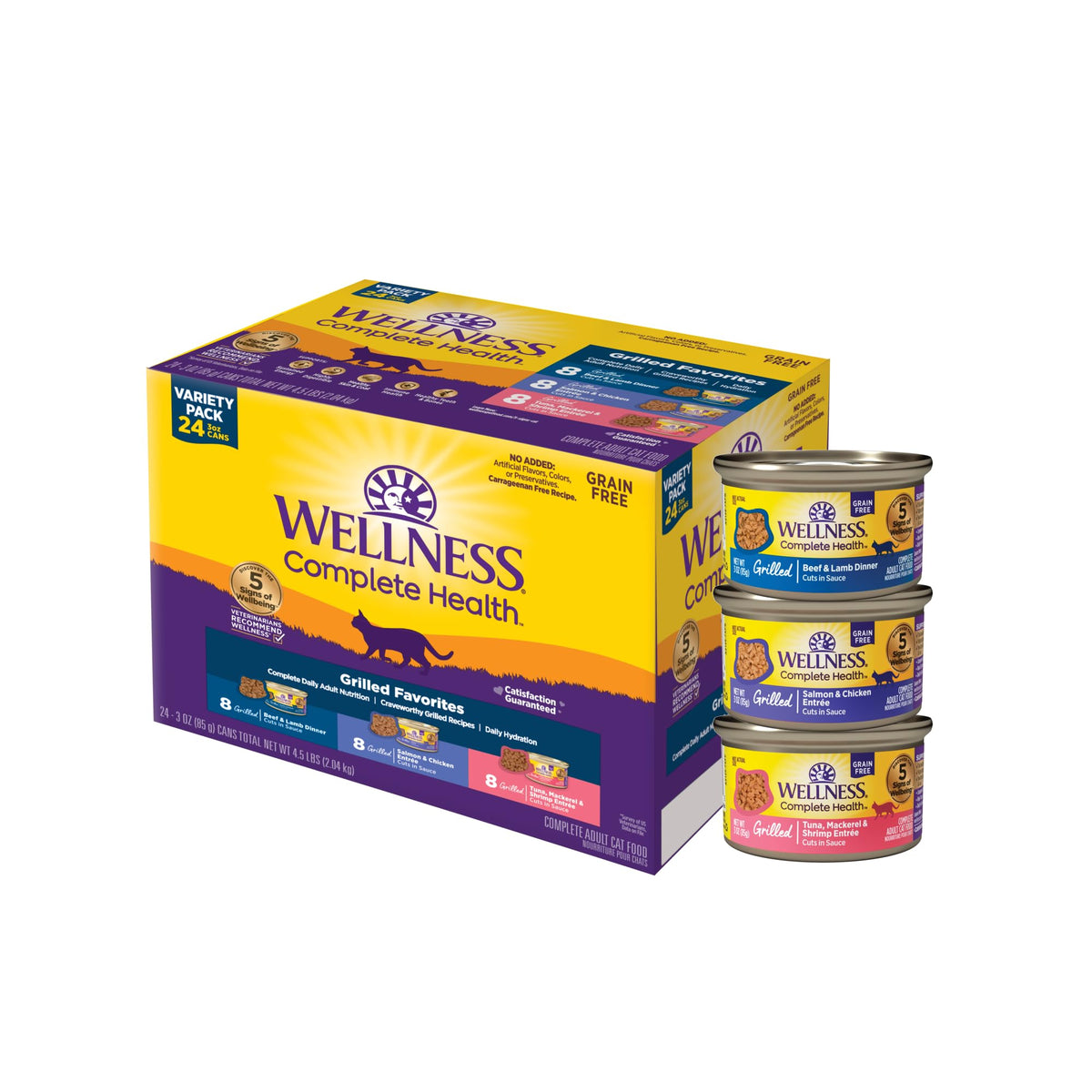 Wellness Grilled Tuna can closeup; protein-rich meal option for adult cats.