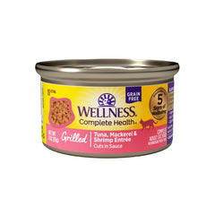 Wellness Grilled Tuna-Mackerel-Shrimp cat food can closeup showing grilled aroma