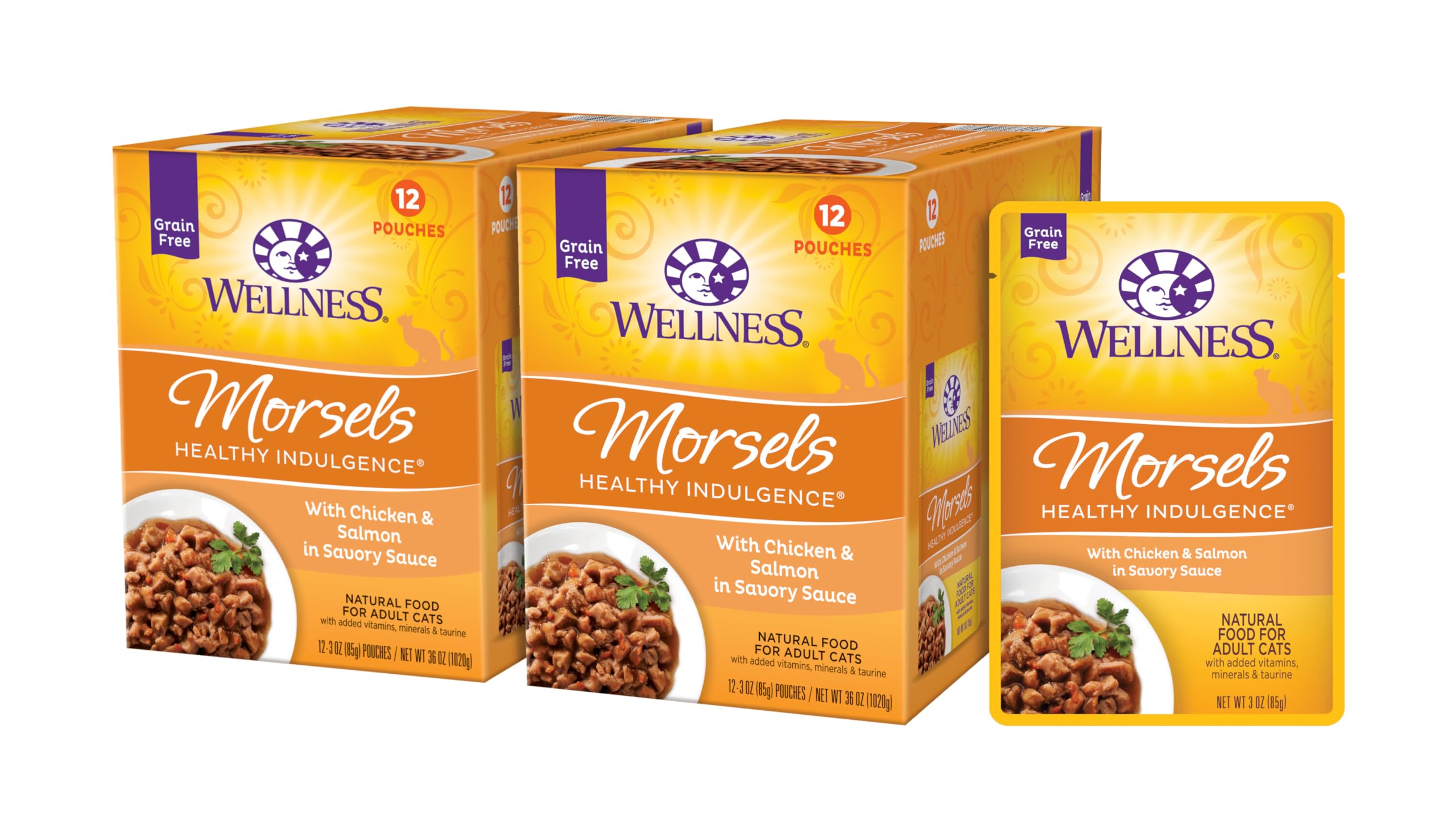 Wellness Healthy Indulgence Morsels chicken and salmon in gravy pouch for easy, grain-free meals