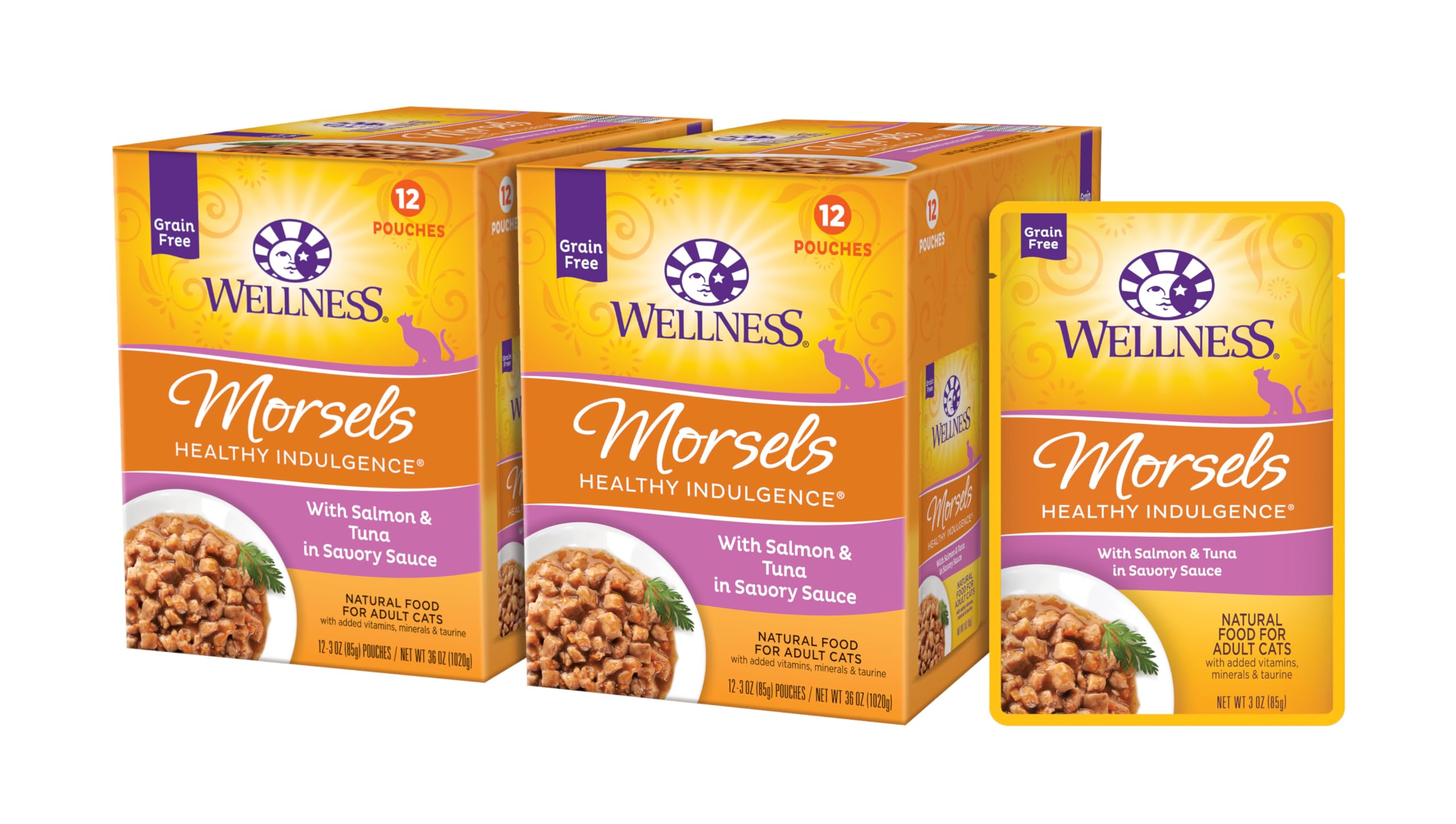 Wellness Healthy Indulgence Morsels Salmon-Tuna Pouch Open for convenient feeding