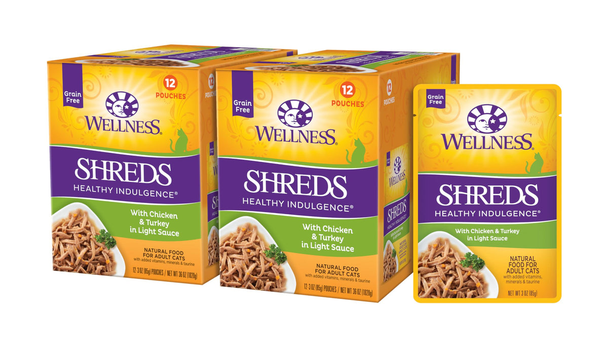 Wellness Healthy Indulgence Shreds chicken-turkey pouch showing grain-free, protein-rich meal for daily nutrition