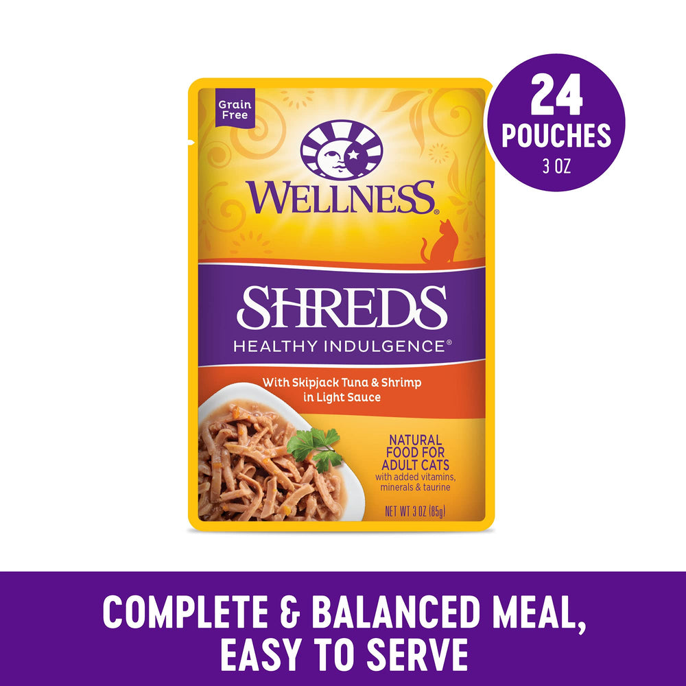 Wellness Healthy Indulgence Shreds tuna-shrimp pouch, grain-free recipe supports hydration.